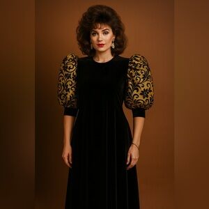 Vintage 80s David Brown Black Velvet Gold Puff Sleeve Evening Dress M